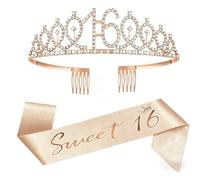Juego de 16 bandas y tiara de diamantes de imitación para niñas, corona de diamantes de imitación de cumpleaños rosa 16 y banda de satén decorativa, regalos de cumpleaños 16 para niñas, suministros de