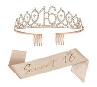 Juego de 16 bandas y tiara de diamantes de imitación para niñas, corona de diamantes de imitación de cumpleaños rosa 16 y banda de satén decorativa, regalos de cumpleaños 16 para niñas, suministros de