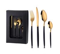 Juego de 16 cubiertos de acero inoxidable para la vida cotidiana y apta para lavavajillas, 4 tenedores, 4 cuchillos de cena, 4 cucharas de cuchara, sirve 4 (oro negro)