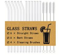 Juego de 16 de Vidrio Reutilizables, Tamaño 215*10mm, Transparentes para Beber, Set de 6 Rectas y 6 Curvas con 4 Cepillos de Limpieza, para Batidos, , Té, de 21.5cm