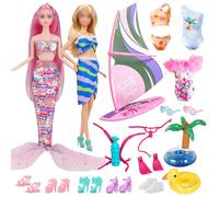 Juego de 16 piezas de ropa y accesorios para muñecas compatible con vestido de lentejuelas con temática de sirena Barbie, 4 trajes de baño, juego de vela, tabla de surf, kit de buceo, 5 zapatos, 2