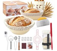 Juego de 16 piezas para preparar masa madre - Juego completo de pan con 2 cestas fermentadas de silicona (23 cm redondas y 25 cm ovalada), vaso de masa madre con termómetro, accesorios - Regalo para