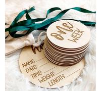 Juego de 16 tarjetas y discos de madera para fotos de bebés y hitos del primer año, nuevos padres y baby showers, con letrero "Hello World" y tarjetas mensuales de 1 a 12 meses