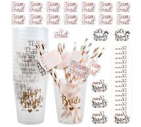 Juego de 16 tazas JGA para novias, tazas JGA con 16 pajitas de novia del equipo, 20 JGA Bride to be Tattoo, tazas de ducha de oro rosa, despedida de soltera para fiesta de compromiso