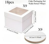 Juego de 18 piezas de cajas para pasteles con bases (9 cajas y 9 bases), de panadería blanca con ventana, cajas grandes para hornear, cuadrada para pasteles de capas, suministros para decorar pasteles