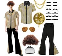 Juego de 18 piezas de disfraz de discoteca de los 70s, hippie para hombre, juego de vestido con pantalones acampanados, peluca de pelo falso, gafas doradas, cuello redondo, inflable, globo de