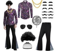 Juego de 18 piezas de disfraz de discoteca de los 70s, hippie para hombre, juego de vestido con pantalones acampanados, peluca de pelo falso, gafas doradas, cuello redondo, inflable, globo de