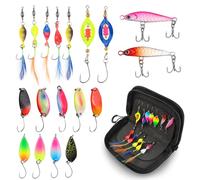 Juego de 18 señuelos para trucha cebos para trucha en 4 tipos diferentes - spoons clásicos, twist spoons double twist spoons y señuelos duros con efecto UV y reflectante Cucharillas de Pesca con bolsa