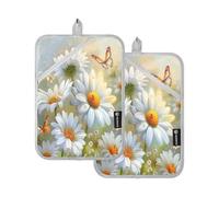 Juego de 2 agarraderas para horno y microondas, hermosas margaritas blancas, mariposas, guantes de horno para cocina, hornear, resistentes al calor, guantes gruesos y seguros para horno