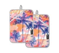 Juego de 2 agarraderas y manoplas de horno resistentes al calor con diseño de palmera tropical, color rosa, resistentes al calor para artículos esenciales de cocina estéticos