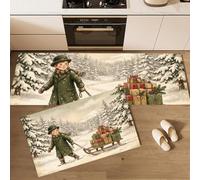 Juego de 2 Alfombra Cocina Bosque Abetos Navideños Vintage, 40x60cm+40x120cm | Tapetes de Cocina Niño Trineo Bosque Antideslizante, Lavable y Impermeable para Dormitorio, Pasillo, Lavadero Decor