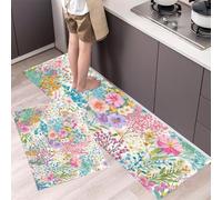 Juego de 2 Alfombra de Cocina Pradera Flores Silvestres Alfombras Antifatiga Festín En El Jardín Duraderas Felpudos de Cocina Lavables para Pasillo, Comedor y Entrada, 40x60cm+40x120cm, Azul Verdoso