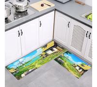 Juego de 2 Alfombras Antideslizantes de Cocina, Alfombras Campo Casas Antifatiga Duraderas, Alfombra Cocina Dibujos Animados Paisaje Lavables para Comedor, Salón, 40x60cm+40x120cm, Verde hierba
