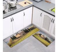 Juego de 2 Alfombras Antideslizantes de Cocina, Alfombras Colinas Viñedos Antifatiga Duraderas, Alfombra Cocina Casas Rurales Paisaje Lavables para Comedor, Salón, 43x75cm+43x150cm, Verde marrón