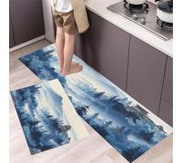 Juego De 2 Alfombras Antifatiga Para Cocina,Cordilleras Bosques Y Patrones Aves Antideslizantes Lavables Alfombras Y Felpudos Para Cocina Alfombra Para Pintura Paisajes Chinos,44×70Cm+44×120Cm,Azul
