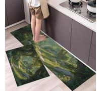 Juego De 2 Alfombras De Antideslizantes Hojas Verdes Exuberantes Patrones Moteados Por Luz Sol, Alfombra Lavables Absorbentes De Aceite Y Agua Para Pasillo, Comedor Y Entrada,Verde,44×70Cm+44×120Cm