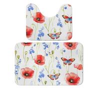 Juego de 2 alfombras de baño con diseño de mariposas y amapolas, absorbentes de acuarela, alfombra de baño y alfombra de baño antideslizante con alfombra de inodoro