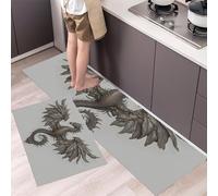 Juego de 2 Alfombras de Cocina Antideslizantes, Alfombras Alivio para los animales Bestia mítica con forma de dragón oriental Color metálico Lavables para Pasillo, Comedor y Entrada, 50x80+50x150cm