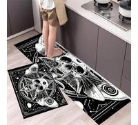 Juego de 2 Alfombras de Cocina Antideslizantes, Alfombras En Blanco y Negro Misticismo Polilla del cráneo Lavables para Pasillo, Comedor y Entrada, 45x75+45x150cm