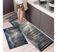 Juego de 2 Alfombras de Cocina Antideslizantes, Alfombras Fotografía de paisajes Luz de la mañana y bosque de escarcha Lavables para Pasillo, Comedor y Entrada, 45x75+45x150cm,Blanco Azul Blanco