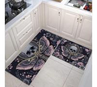 Juego de 2 Alfombras de Cocina Antideslizantes, Alfombras Morado Claro Estilo gótico Flor de Polilla Calavera Lavables para Pasillo, Comedor y Entrada, 45x75+45x150cm