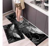 Juego de 2 Alfombras de Cocina Antideslizantes, Alfombras Negro Estilo gótico Polilla del cráneo Lavables para Pasillo, Comedor y Entrada, 45x75+45x150cm