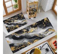 Juego de 2 Alfombras de Cocina Antideslizantes, Negro tapetes de Cocina Estilo De Arte Abstracto Lavables, Antifatiga Patrón De Mármol Pigmento Alfombra de Piso, para Pasillo 40x60cm+40x120cm