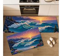 Juego de 2 Alfombras de Cocina Atardecer En La Playa Tapetes de Cocina Paisaje Marino Abstracto Antideslizantes y Lavables Alfombra de Piso para Pasillo Entrada lavandería, 40x60cm+40x120cm, Azul