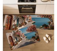 Juego de 2 Alfombras de Cocina Calles Callejones Costeros Tapetes de Cocina Paisaje Mediterráneo Antideslizantes y Alfombra de Piso para Pasillo Entrada lavandería, 40x60cm+40x120cm, Palma Cerámica
