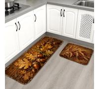 Juego de 2 alfombras de cocina con diseño de hojas de roble, rústicas, naturales, de bellotas, color marrón, suaves, lavables, acolchadas, decoración para fregadero, lavandería, baño, entrada