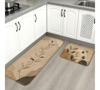 Juego de 2 alfombras de cocina con diseño de hojas, diseño moderno de círculos florales naturales, color beige, lavable, suave, acolchado, para fregadero, lavandería, cuarto de baño