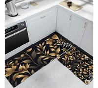 Juego de 2 Alfombras de Cocina con Flores y Plantas en lámina de Oro, Lujo y Elegancia Alfombras Y Tapetes De Cocina Antideslizante y Lavable para Entrada y Pasillo (Negro, 40x60cm+40x120 cm)