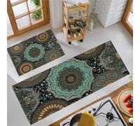 Juego de 2 Alfombras de Cocina con Patrones de Mandalas complejos, Estilo Bohemio Alfombras Y Tapetes De Cocina Antideslizante y Lavable para Entrada y Pasillo (Verde Oscuro, 60x90cm+60x180 cm)