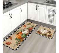 Juego de 2 alfombras de cocina de calabazas, rústicas, de granja, hojas de girasol, color naranja, lavables, suaves, para cocina, lavadero, entrada, baño