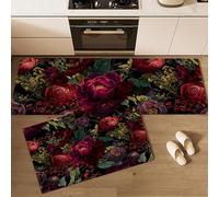 Juego de 2 Alfombras de Cocina Estambre De Rosa Antideslizantes, Alfombra Arte De Flores Secas Lavables Absorbentes de Aceite y Agua para Pasillo, Comedor y Entrada, Burken Rojo, 43x75cm+43x120cm