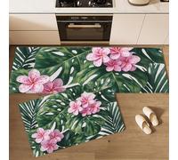 Juego De 2 Alfombras De Cocina Estilo Tropical, Antideslizantes Lavables, Tapetes De Cocina Monstera Deliciosa Frangipani para Decoración del Hogar Oficina, Rosa ，40x60cm+40x120 cm
