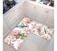 Juego de 2 Alfombras de Cocina Flores Y Colibríes Antideslizantes, Alfombrillas de Cocina Paisajes Rurales Primaverales Alfombrillas de Pie Lavables para Pasillo, Comedor y Lavadero, 43x75cm+43x120cm