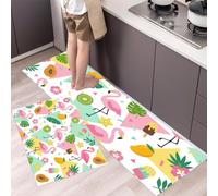 Juego de 2 Alfombras de Cocina Fruta De Flamenco Antideslizantes, Alfombrillas de Cocina Elementos Tropicales De Verano Alfombrillas de Pie Lavables para Pasillo, Comedor y Lavadero, 43x75cm+43x120cm
