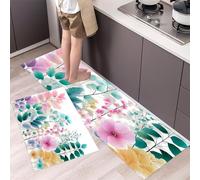 Juego de 2 Alfombras de Cocina Hojas Y Flores De Primavera Antideslizantes, Alfombra Jardín De Acuarela Lavables Absorbentes de Aceite y Agua para Pasillo, Comedor y Entrada, Rosa, 43x75cm+43x150cm