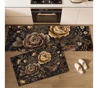 Juego de 2 Alfombras de Cocina Melancolía Retro Floral Antideslizantes y Lavables, Tapetes de Cocina Antifatiga Rosas Oro Y Plata para Pasillo, Comedor y Entrada, 40x60cm+40x120cm, Amarillo Dorado