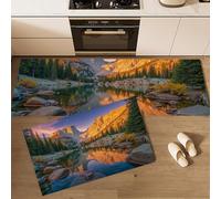 Juego de 2 Alfombras de Cocina Paisaje Natural, Antideslizantes Lavables, tapetes de Cocina Bosques De Pinos Lagos Montañas para decoración del hogar Oficina, Oro ，50x80cm+50x150 cm