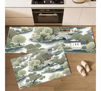 Juego de 2 Alfombras de Cocina Paisajística China Alfombras y Tapetes de Cocina Arquitectura Tradicional Antideslizantes y Felpudos para Entrada Pasillo y Lavadero, 43x75cm+43x150cm, Verde Judía
