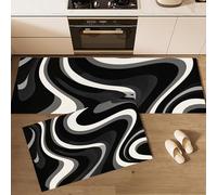 Juego de 2 Alfombras de Cocina Patrón De Onda Abstracto, Alfombras Lavables Antideslizantes Estilo Pop Art Alfombrilla Absorbente para Pasillo, Comedor y Entrada, 43x75cm+43x150cm En Blanco Y Negro