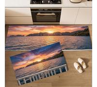 Juego de 2 Alfombras de Cocina Puesta Sol Desde Balcón Junto Al Mar Tapetes de Cocina Paisaje Marino Realista Antideslizantes Alfombra de Piso para Pasillo Entrada, 40x60cm+40x120cm, Azul Profundo