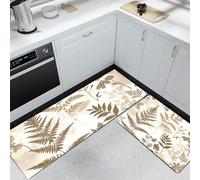 Juego de 2 alfombras y tapetes de Cocina con Hojas Plantas, Lavables Antideslizantes Alfombra de Pasillera de Estilo Dibujado a Mano para Oficina Fregadero Lavandería 60x90cm+60x180 cm, Color Tierra