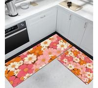 Juego de 2 alfombras y tapetes de Cocina con Margaritas Rosas, Lavables Antideslizantes Alfombra Pasillera de Cocina de década 1970 para Oficina Fregadero Lavandería 43x75cm+43x150 cm, Color Naranja