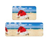 Juego de 2 alfombrillas de cocina antideslizantes con diseño de sombrero de Papá Noel en la playa y estrellas de mar, almohadillas ergonómicas para cocina, bar, escritorio