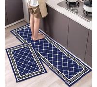 Juego de 2 alfombrillas de cocina antifatiga, antideslizantes, lavables, con parte trasera de goma, absorbentes, para comedor y pasillo, color azul oscuro, a cuadros, 60 x 90 cm + 60 x 180 cm