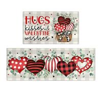 Juego de 2 alfombrillas de cocina para el día de San Valentín, búfalo a cuadros con lunares, corazones de amor, alfombras de cocina, hojas de eucalipto de San Valentín, tapetes de perfil bajo para