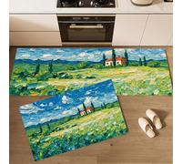 Juego de 2 Alfombrillas Estilo De Pintura Al Óleo Impresionista, Lavable Antideslizante, Absorbentes Alfombras Pasillo Campos Rurales para Salón, Lavadero, 50x80cm+50x150 cm, Azul